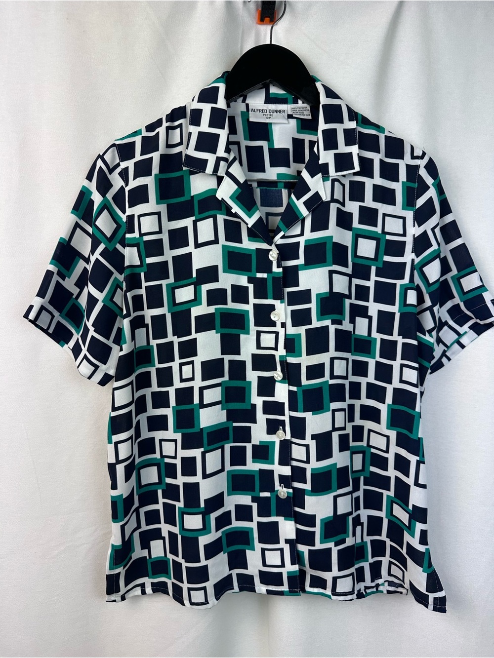Alfred Dunner Navy, Teal & White Geometric Short Sleeve Button Shirt